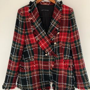 Beautiful Zara Red Tweed Checkered Jacket